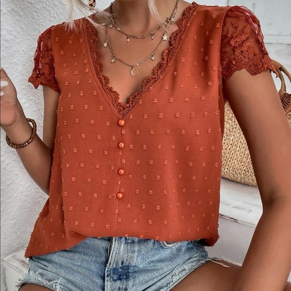 Boho rust orange Swiss dot button detail blouse - Picture 3 of 5